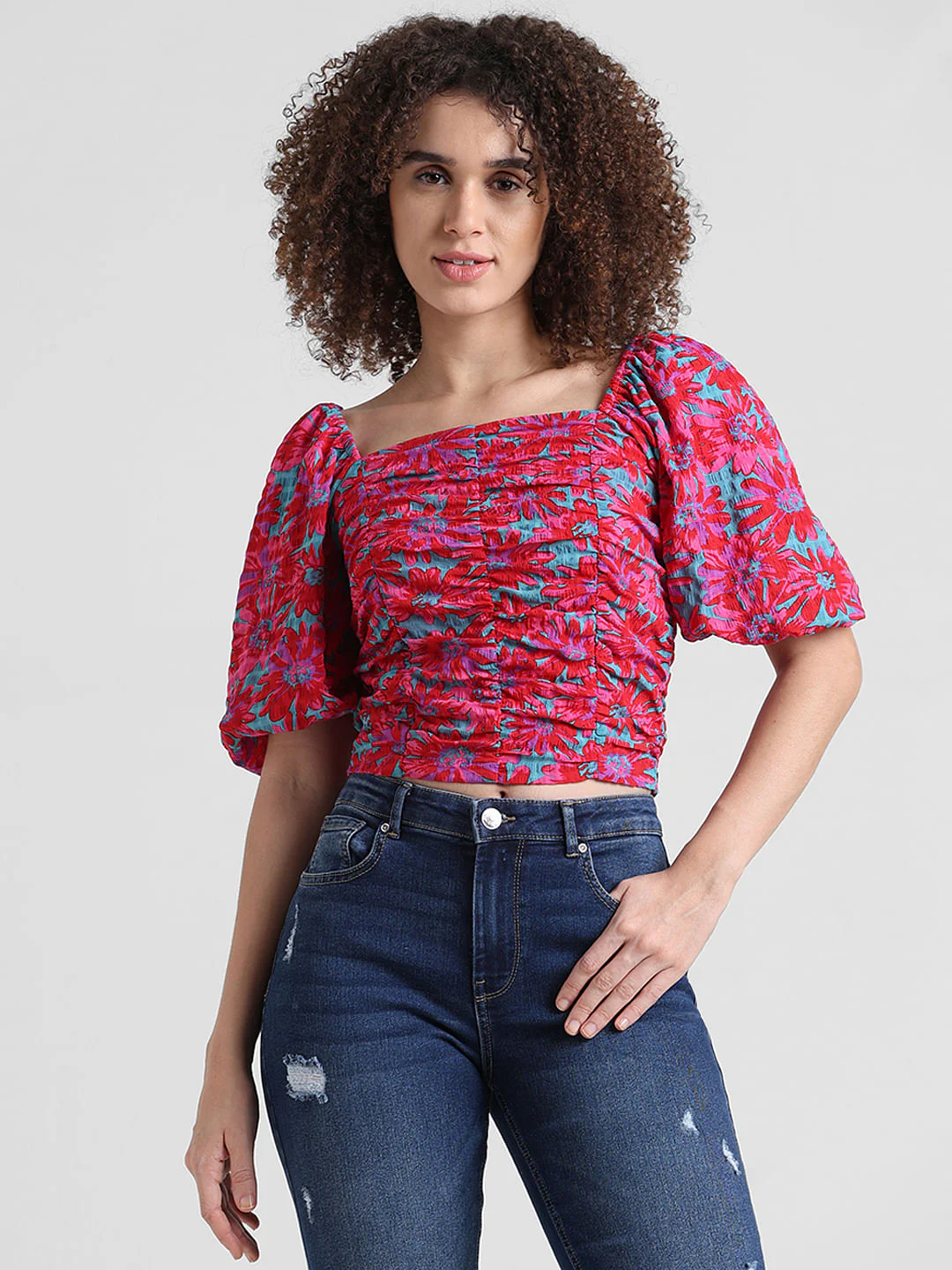 Red Floral Puff-Sleeves Top - Image 3