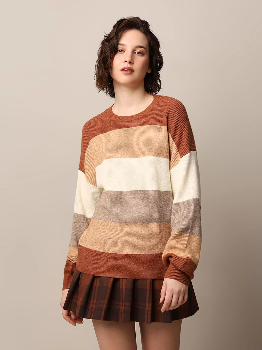 Brown Colourblocked Oversized Pullover - Image 4