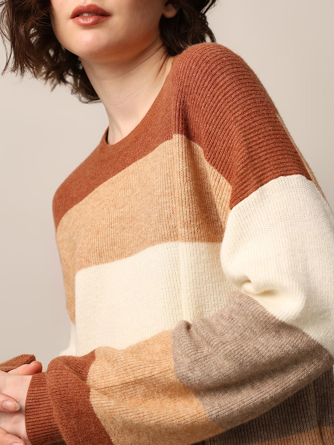 Brown Colourblocked Oversized Pullover - Image 5