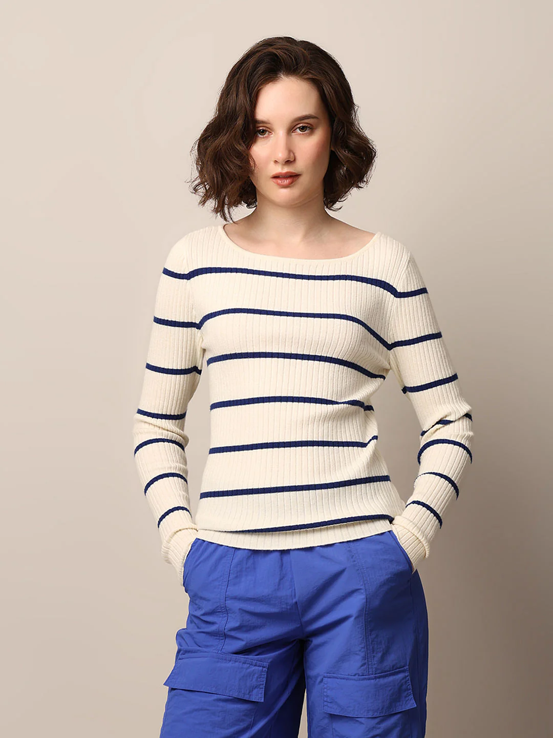 Cream Ribbed Boatneck Pullover - Image 3