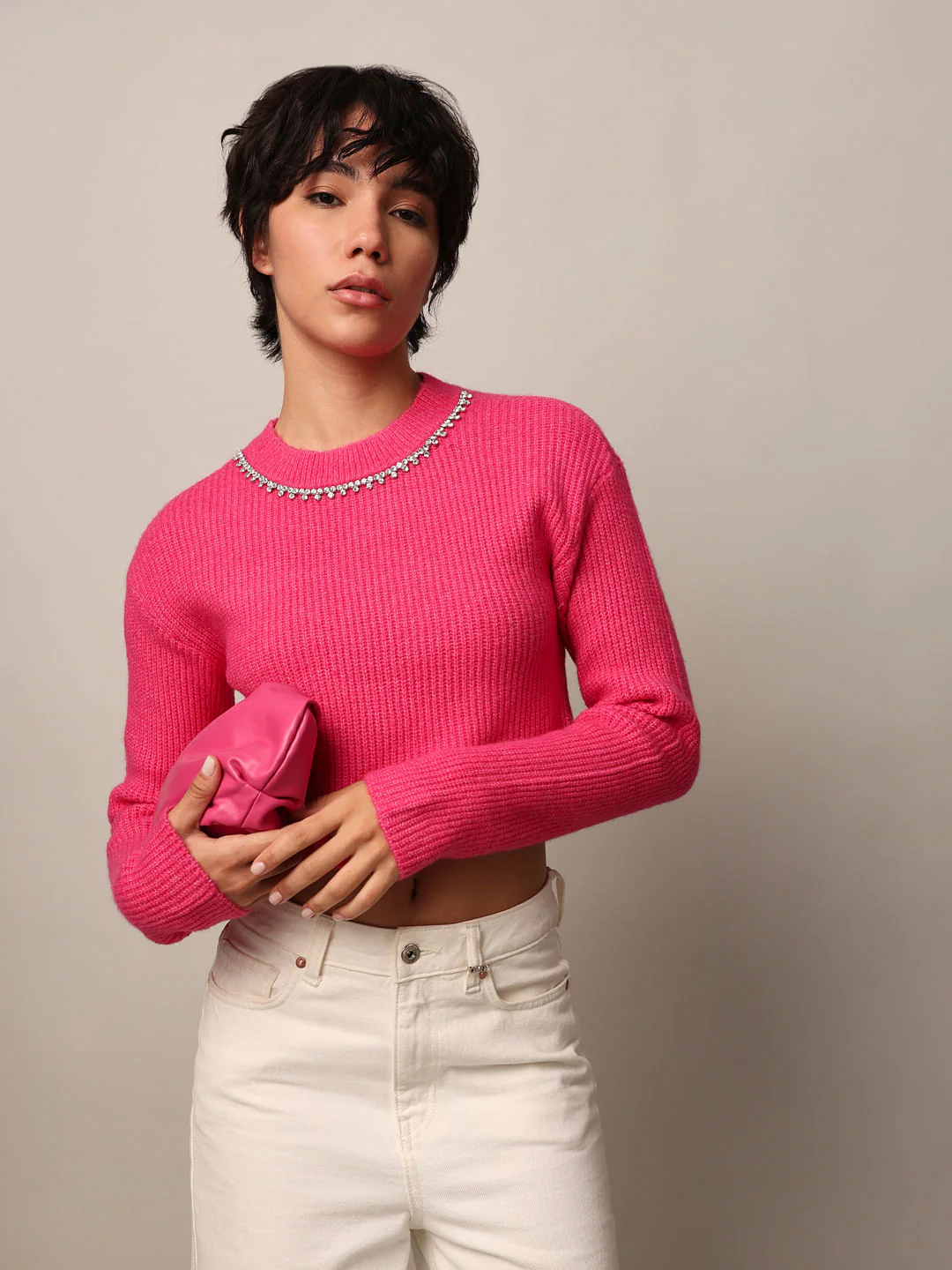 Pink Rhinestone Detail Pullover