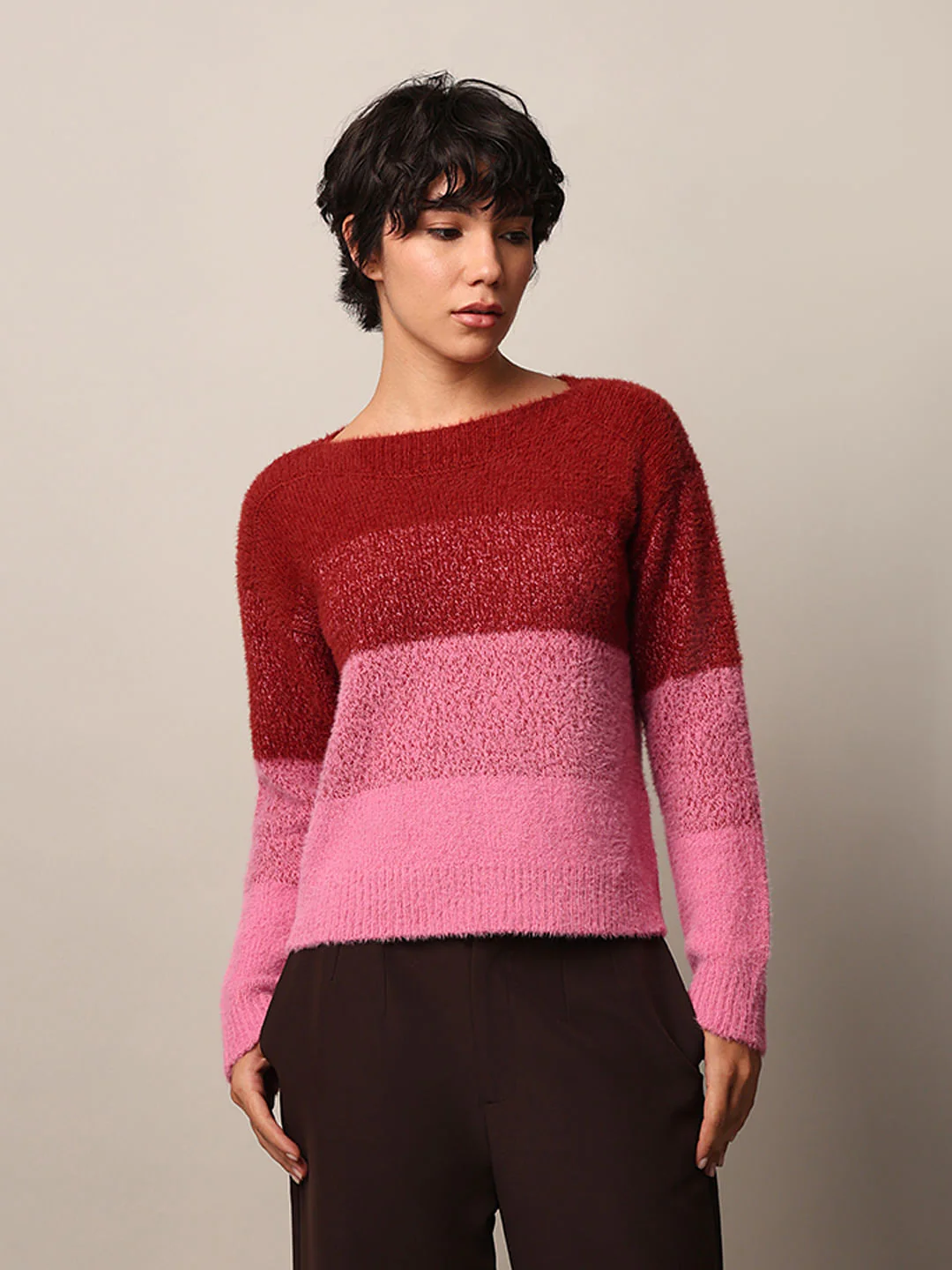 Pink Colourblocked Fuzzy Pullover - Image 3