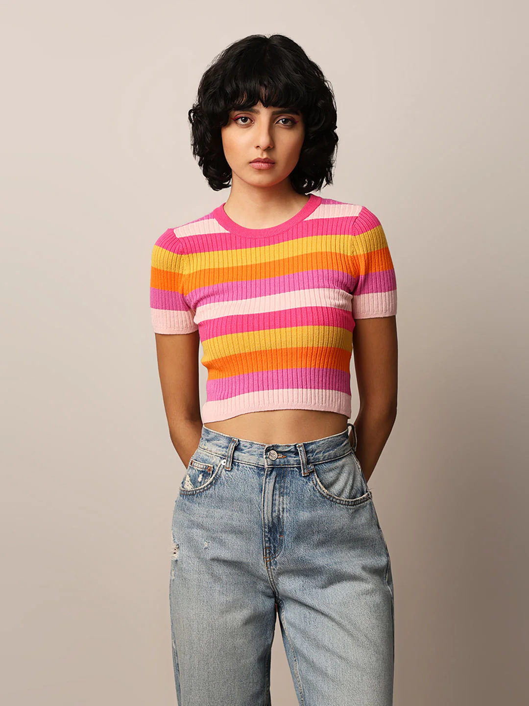 Pink Striped Cropped Pullover - Image 3