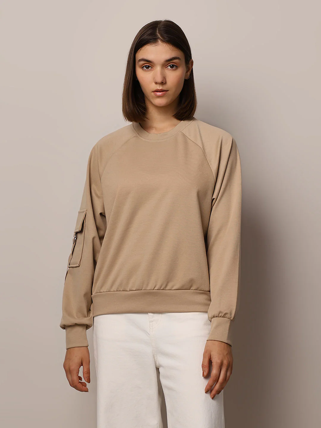 Beige O Neck Sweatshirt - Image 3