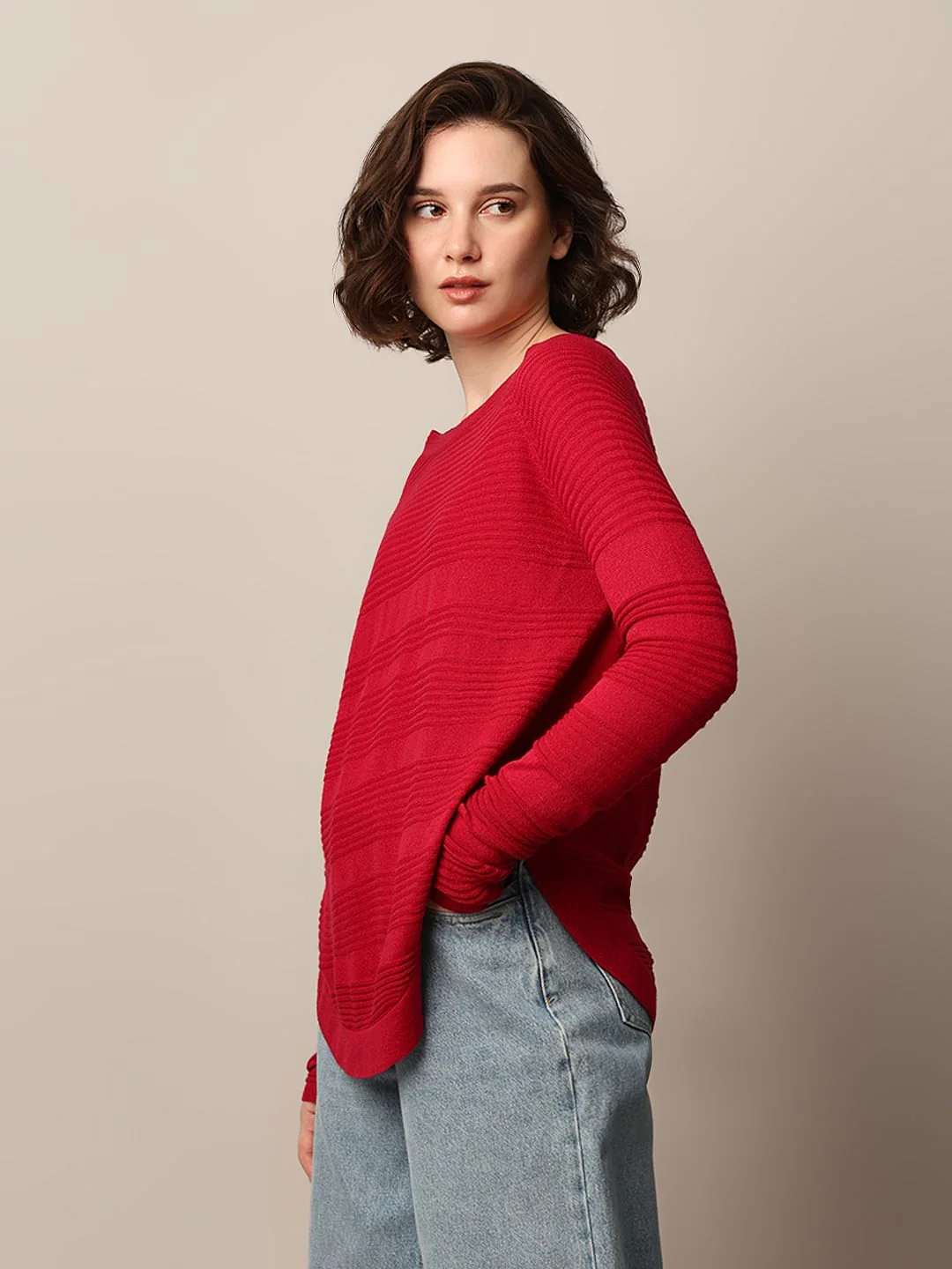 Red Structured Knit Pullover - Image 5