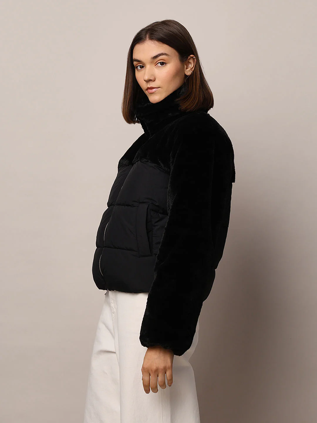 Black Fur Mix Puffer Jacket - Image 5