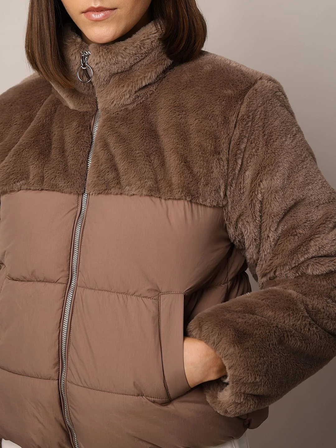 Brown Fur Mix Puffer Jacket - Image 4
