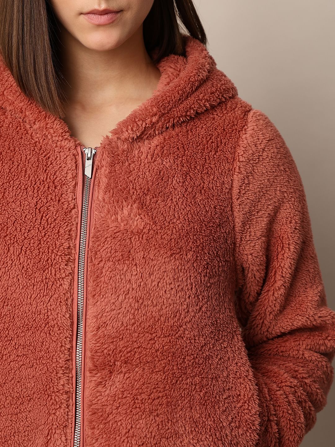 Brown Zip-Up Hooded Sherpa Coat - Image 4
