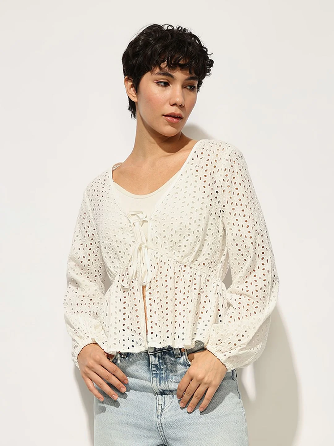 White Schiffli Tie Detail Cotton Top - Image 3