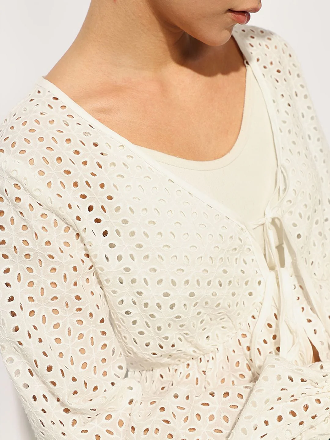 White Schiffli Tie Detail Cotton Top - Image 4