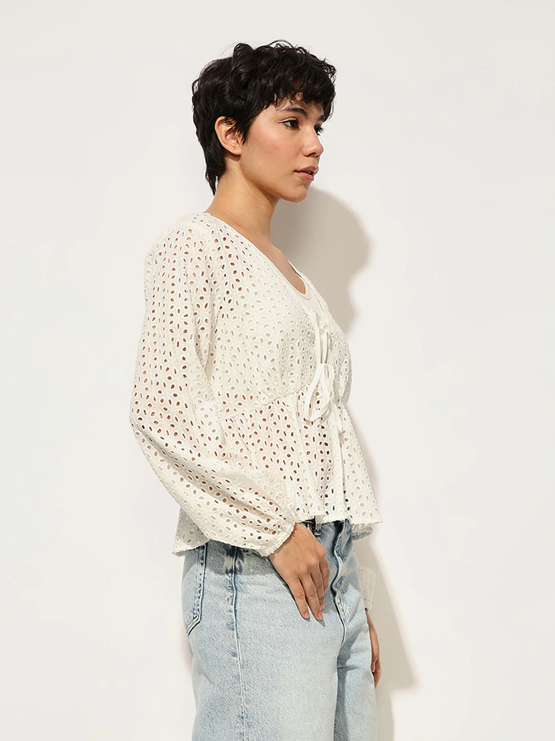 White Schiffli Tie Detail Cotton Top - Image 5