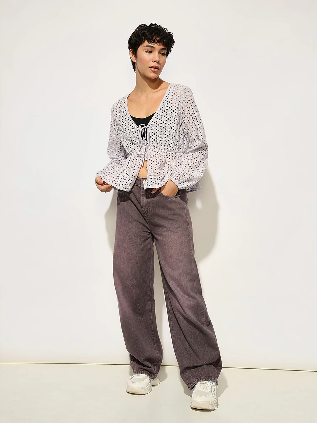 Lavender Schiffli Tie Detail Cotton Top - Image 2