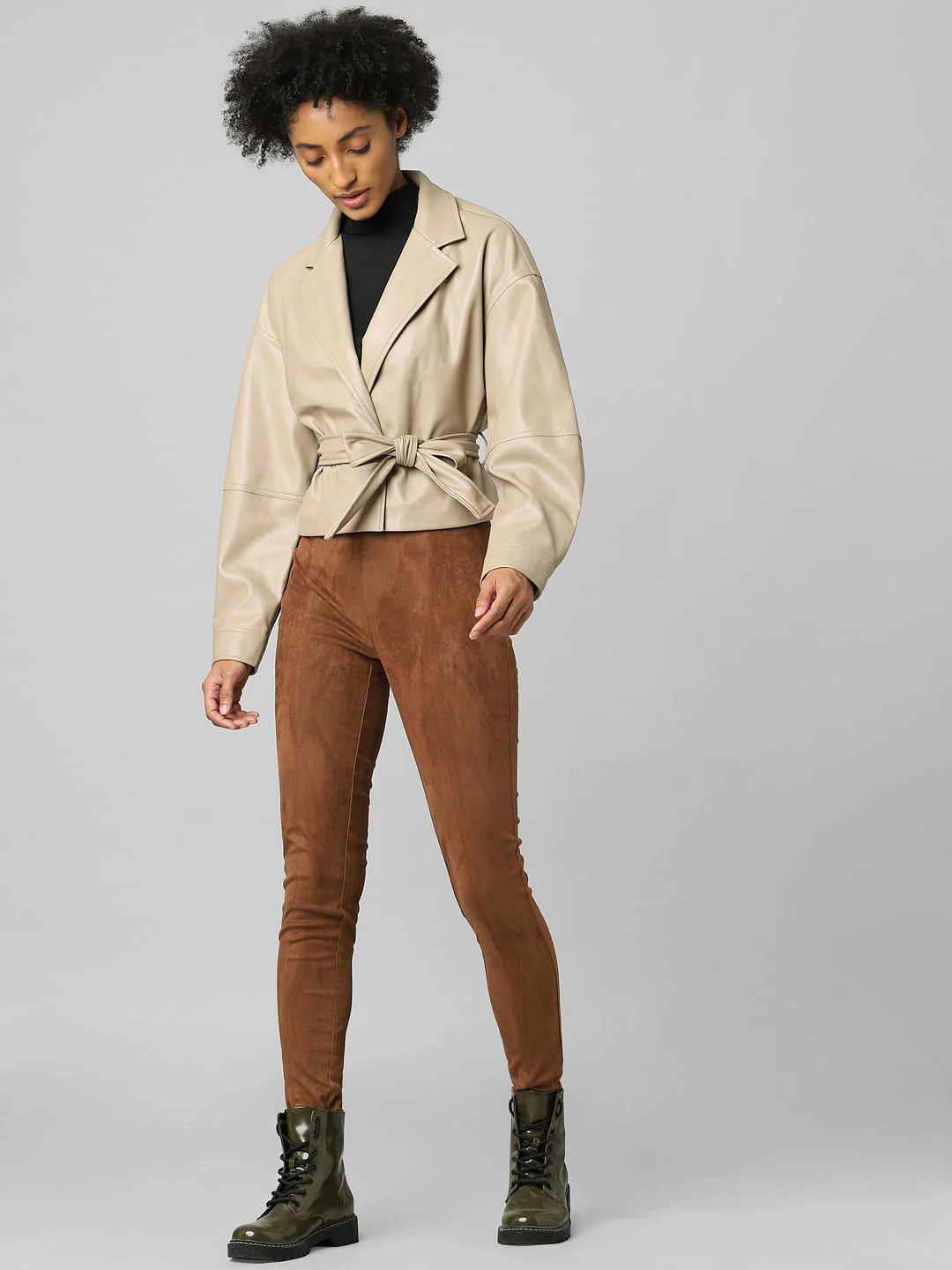 Beige Faux Leather Wrap Jacket - Image 6