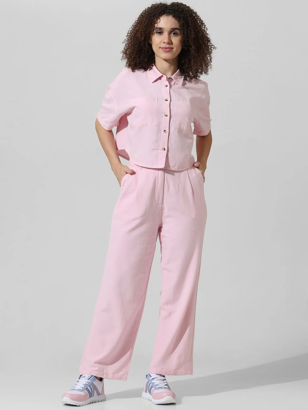 Pink Cropped Co-Ord Set Shirt - Image 2