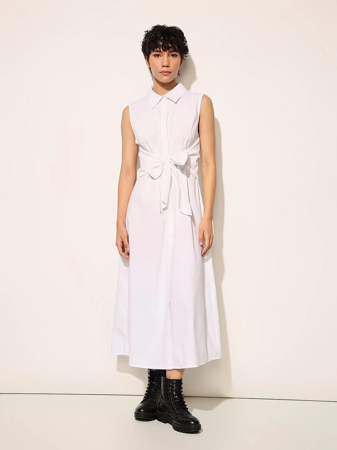 White Tie Belt Shirt Dress - Image 2