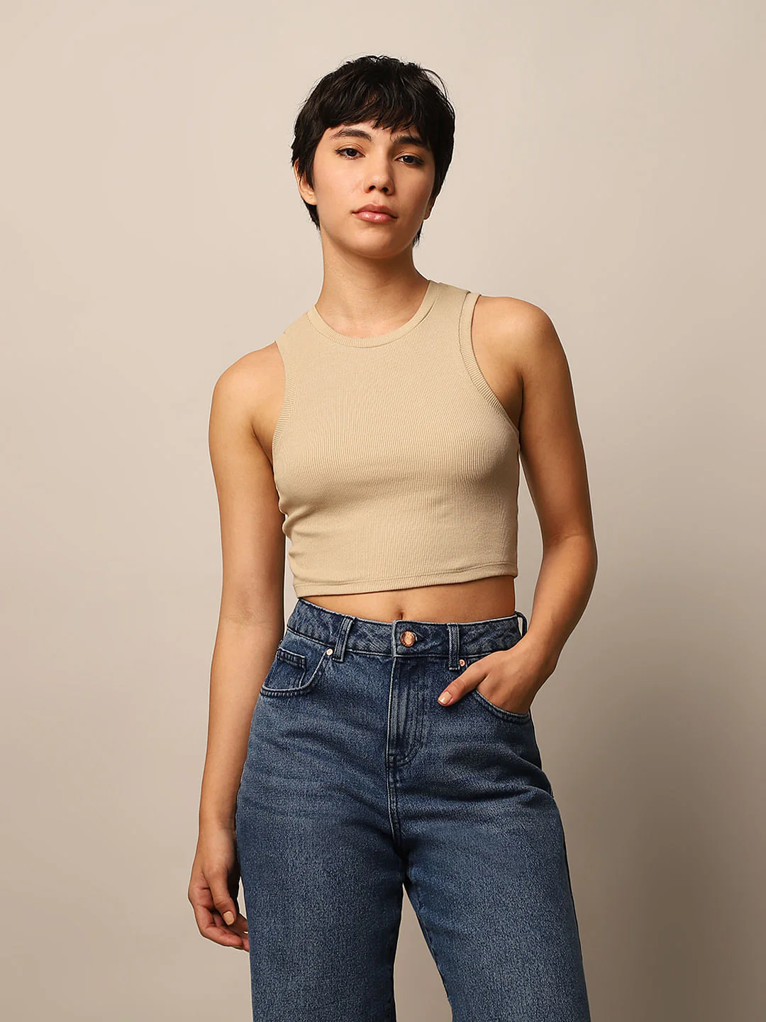 Beige Ribbed Cropped Tank Top - Image 3