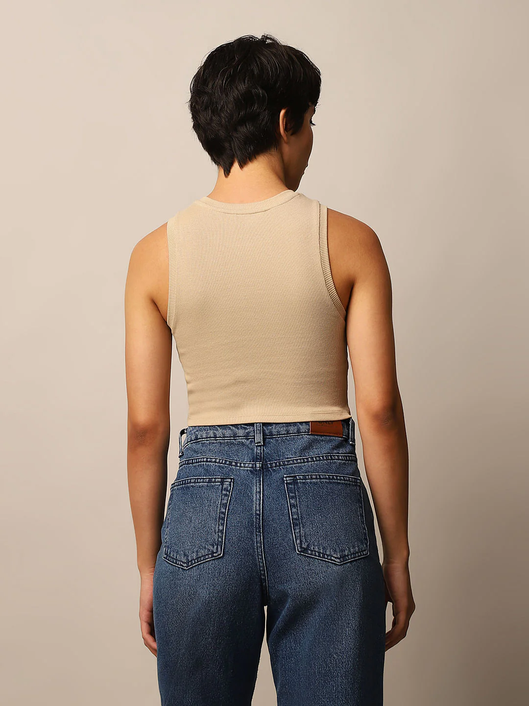 Beige Ribbed Cropped Tank Top - Image 6