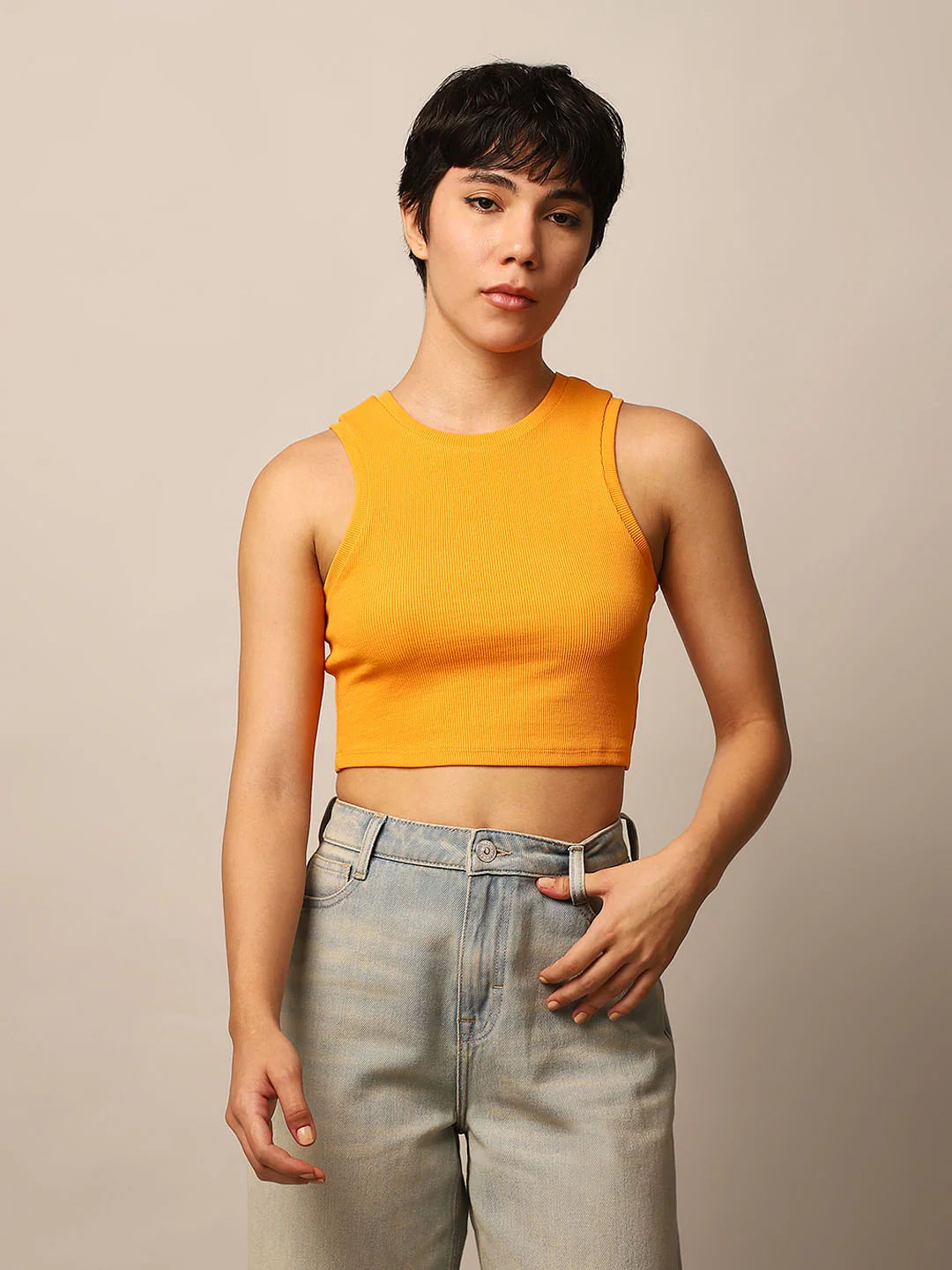 Orange Ribbed Cropped Tank Top - Image 3