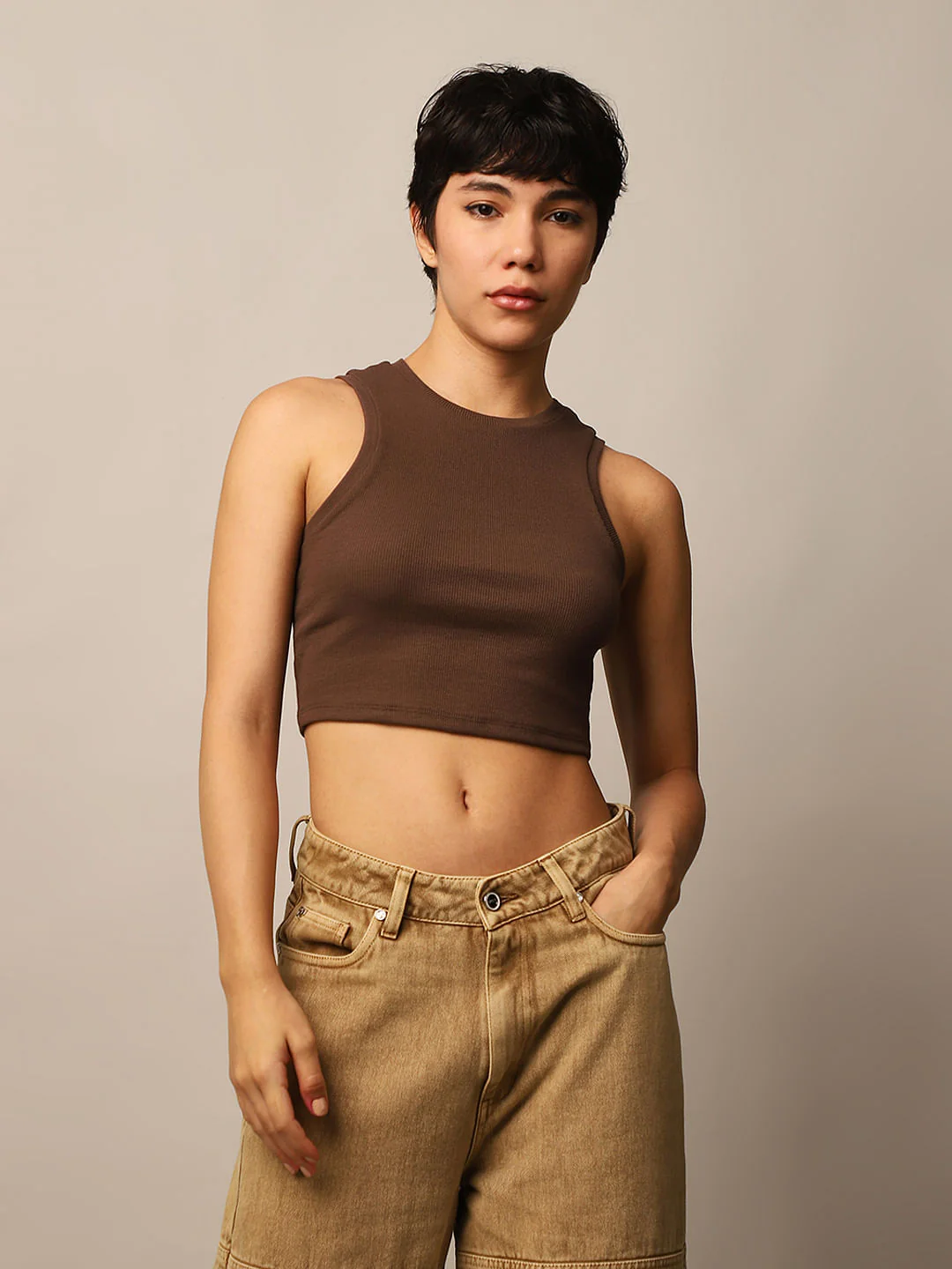 Brown Ribbed Cropped Tank Top - Image 3