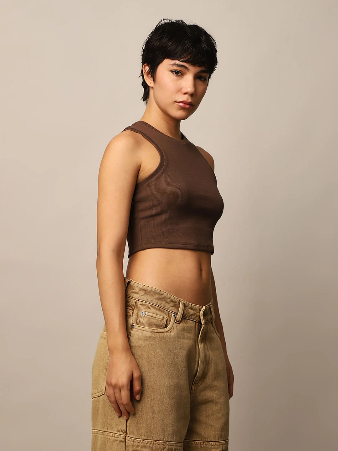 Brown Ribbed Cropped Tank Top - Image 5