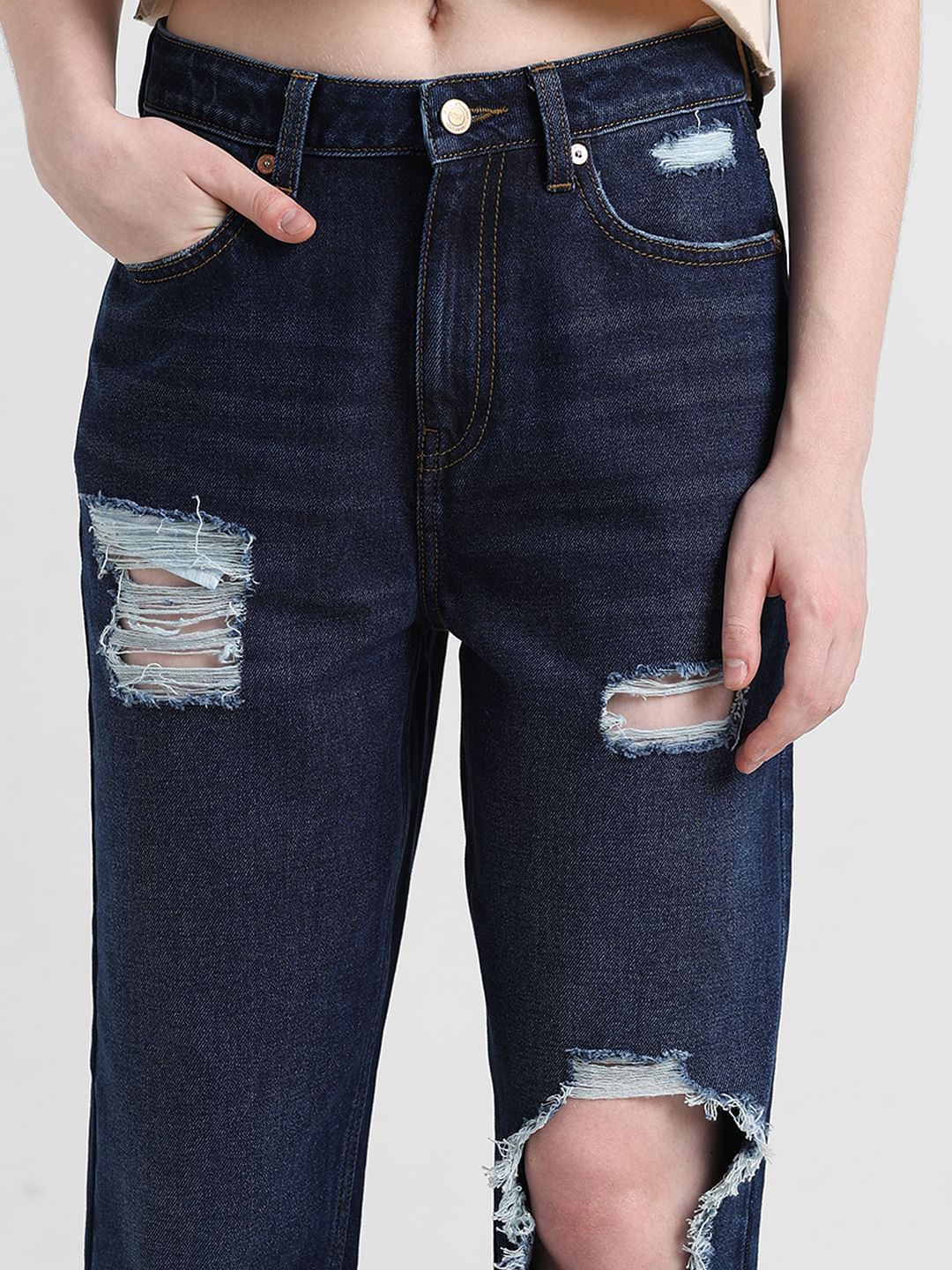 Blue High Rise Ripped Mom Jeans - Image 3