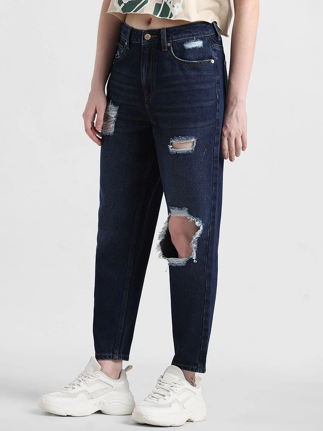 Blue High Rise Ripped Mom Jeans - Image 4