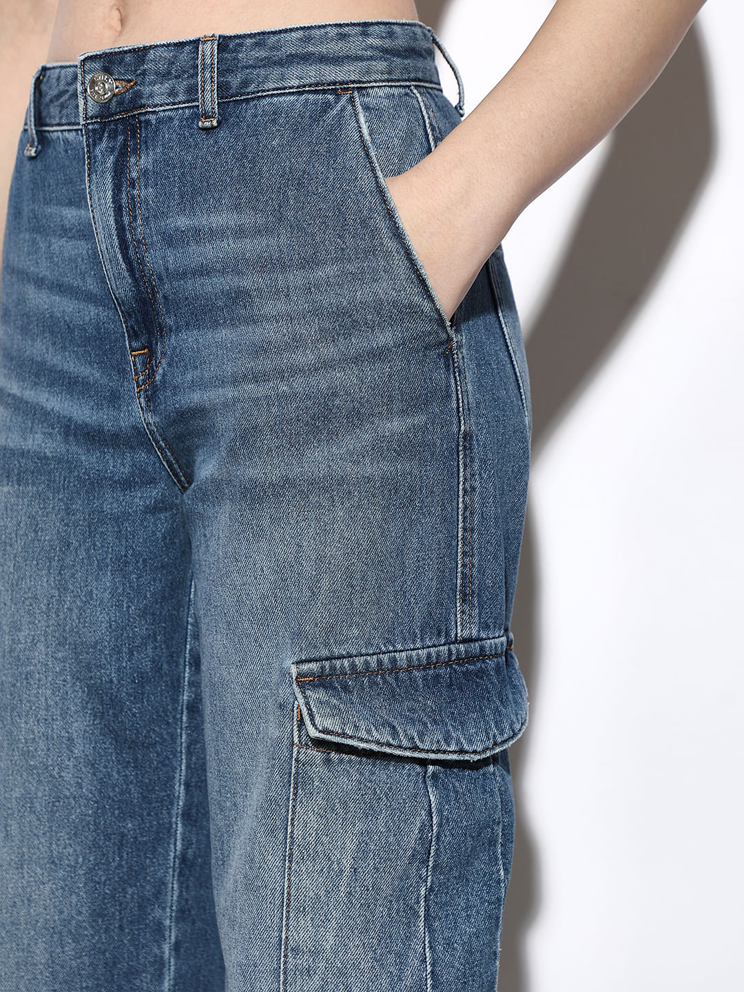 Blue High Rise Cargo Jeans - Image 4