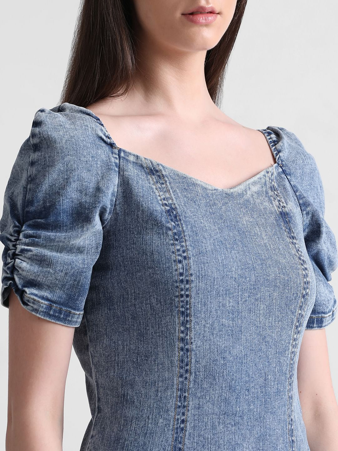 Blue Fitted Denim Mini Dress - Image 4