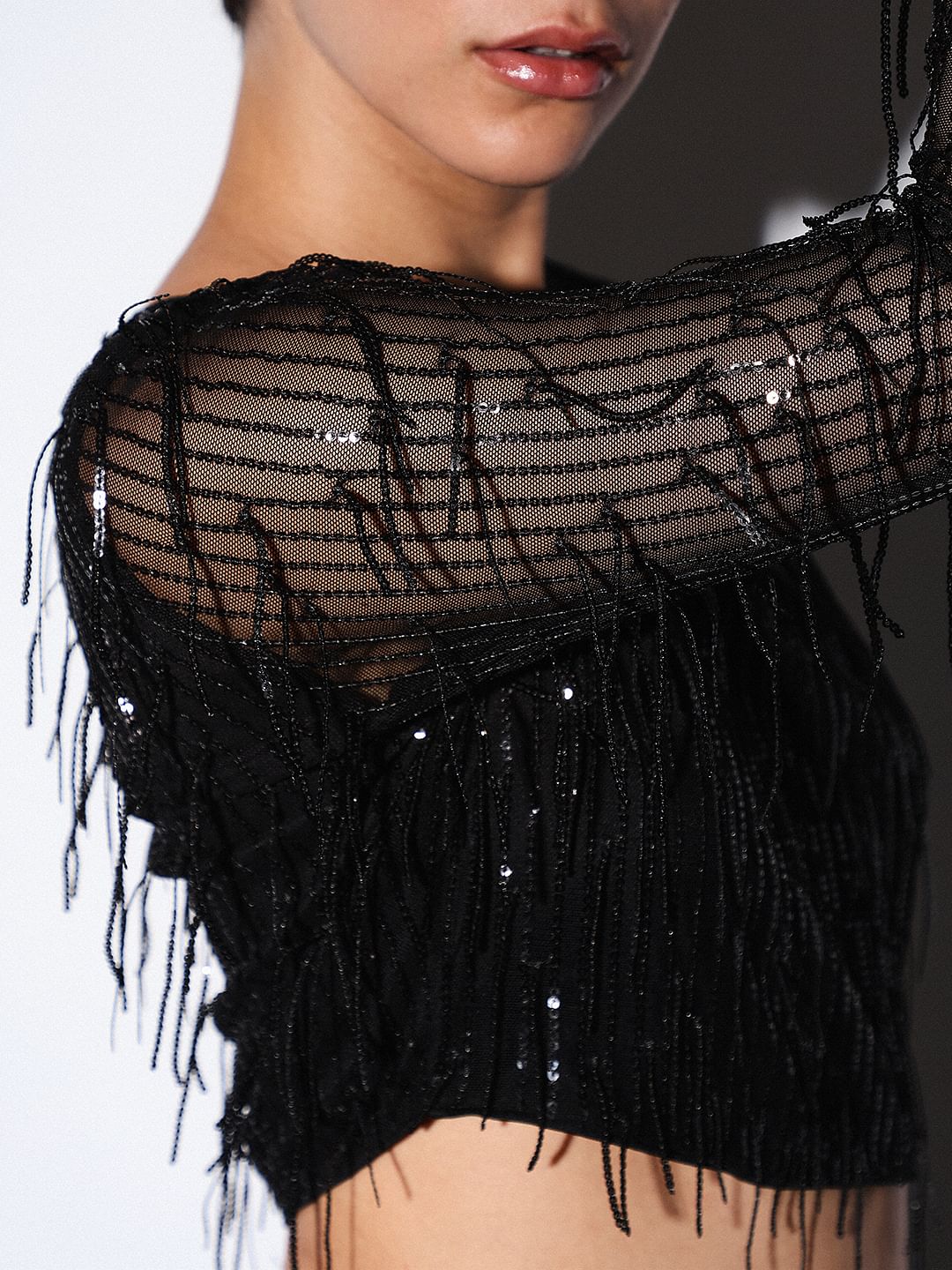 Black Sequined Crop Top - Image 4