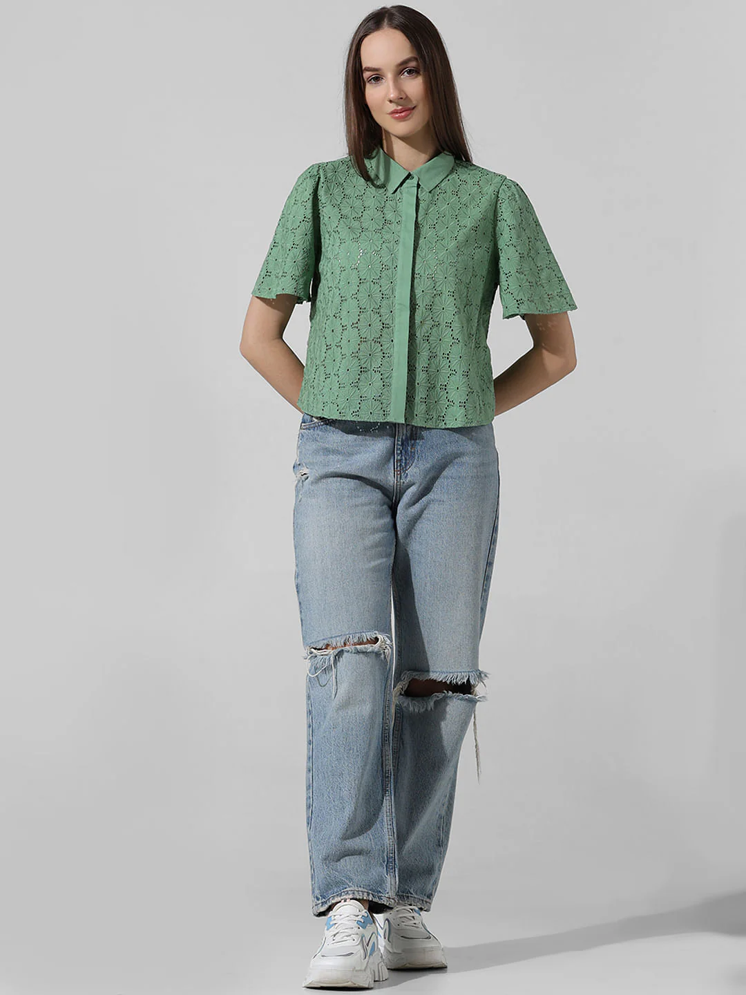 Green Schiffli Cotton Shirt - Image 2
