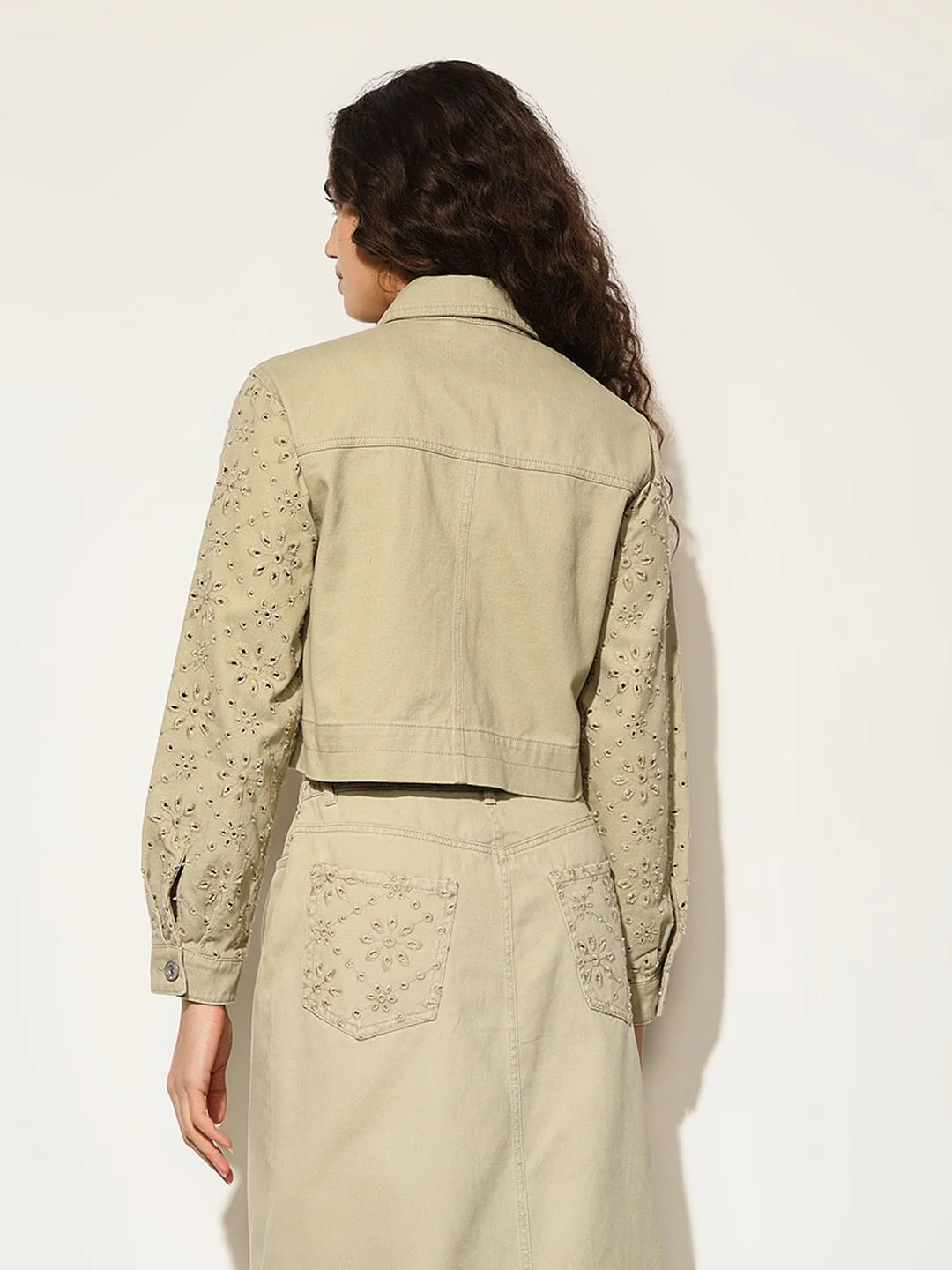 Beige Broderie Anglaise Cropped Jacket - Image 6