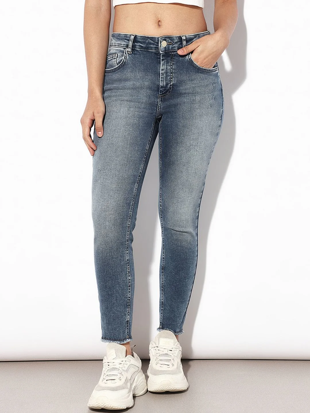 Blue Mid Rise Raw Edge Skinny Jeans - Image 2