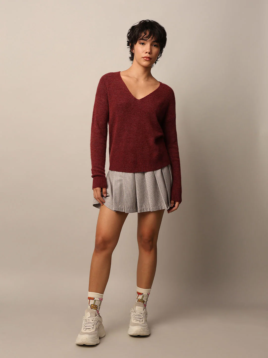 Burgundy Fuzzy V-Neck Pullover - Image 2