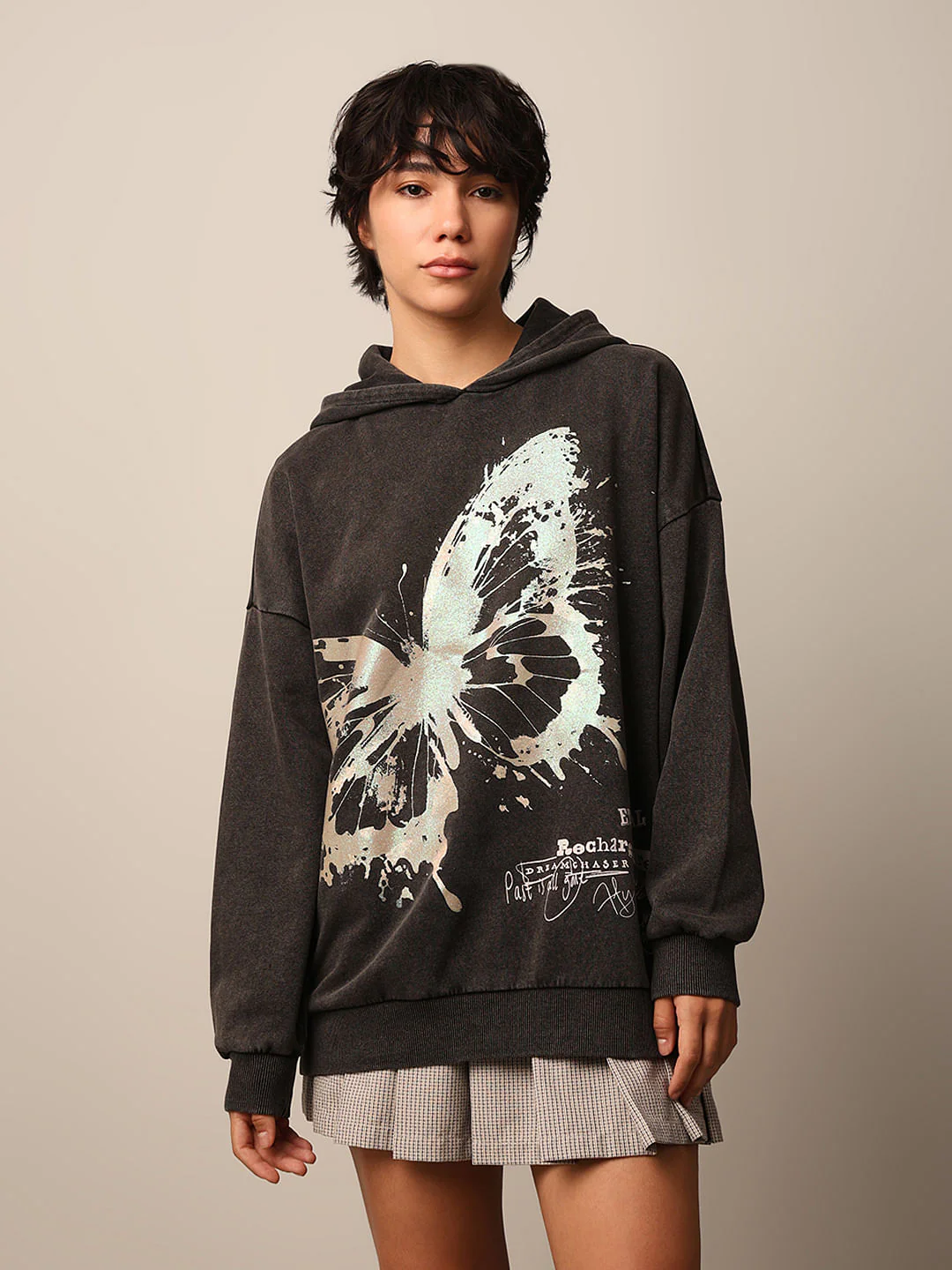 Black Printed Oversized Hoodie - Image 3