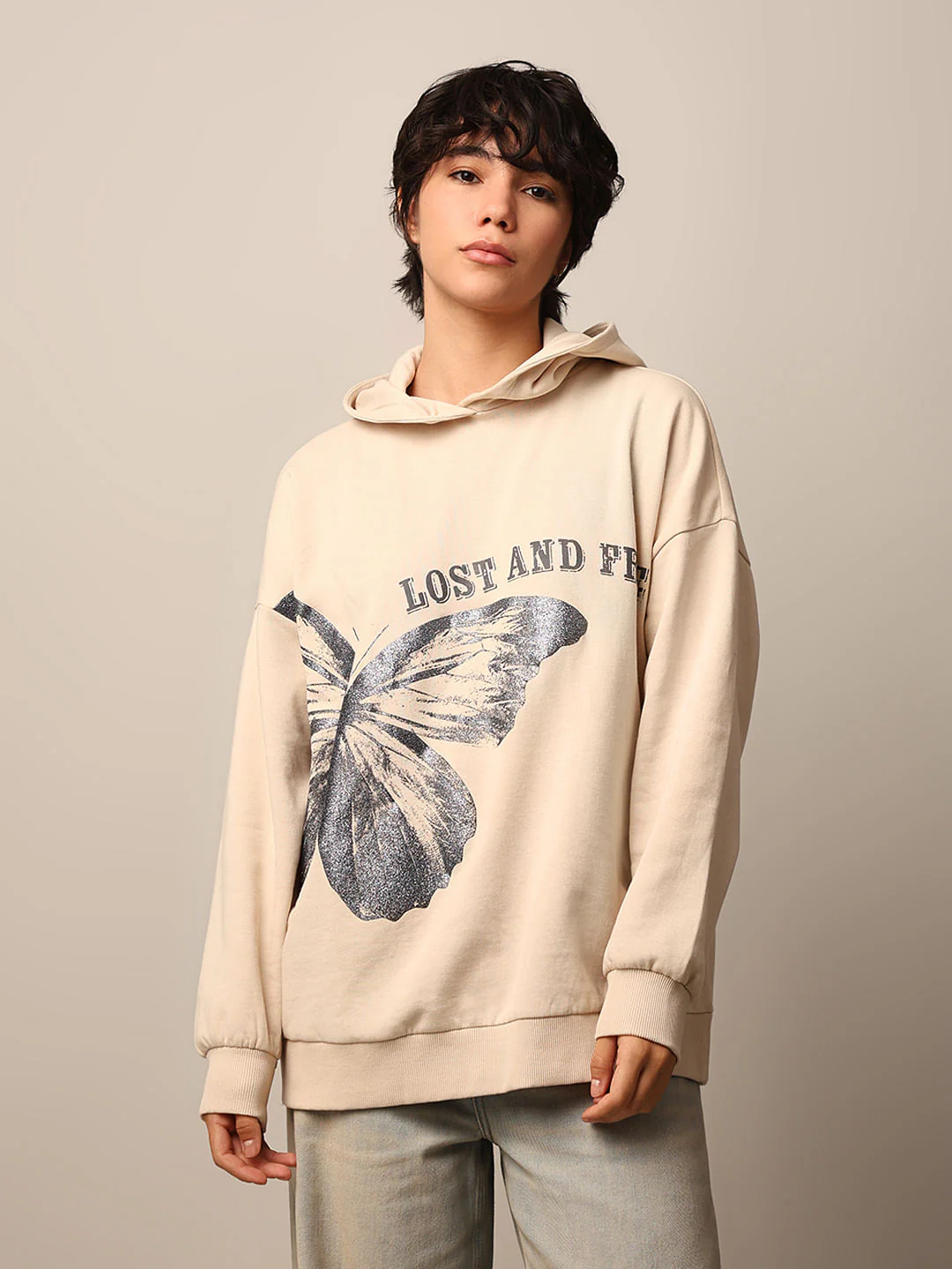 Beige Printed Oversized Hoodie - Image 3