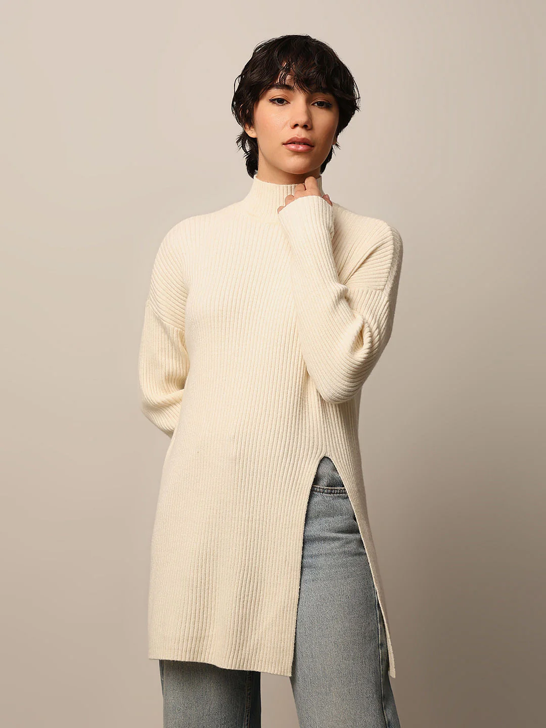 Cream Slit Long Pullover - Image 3