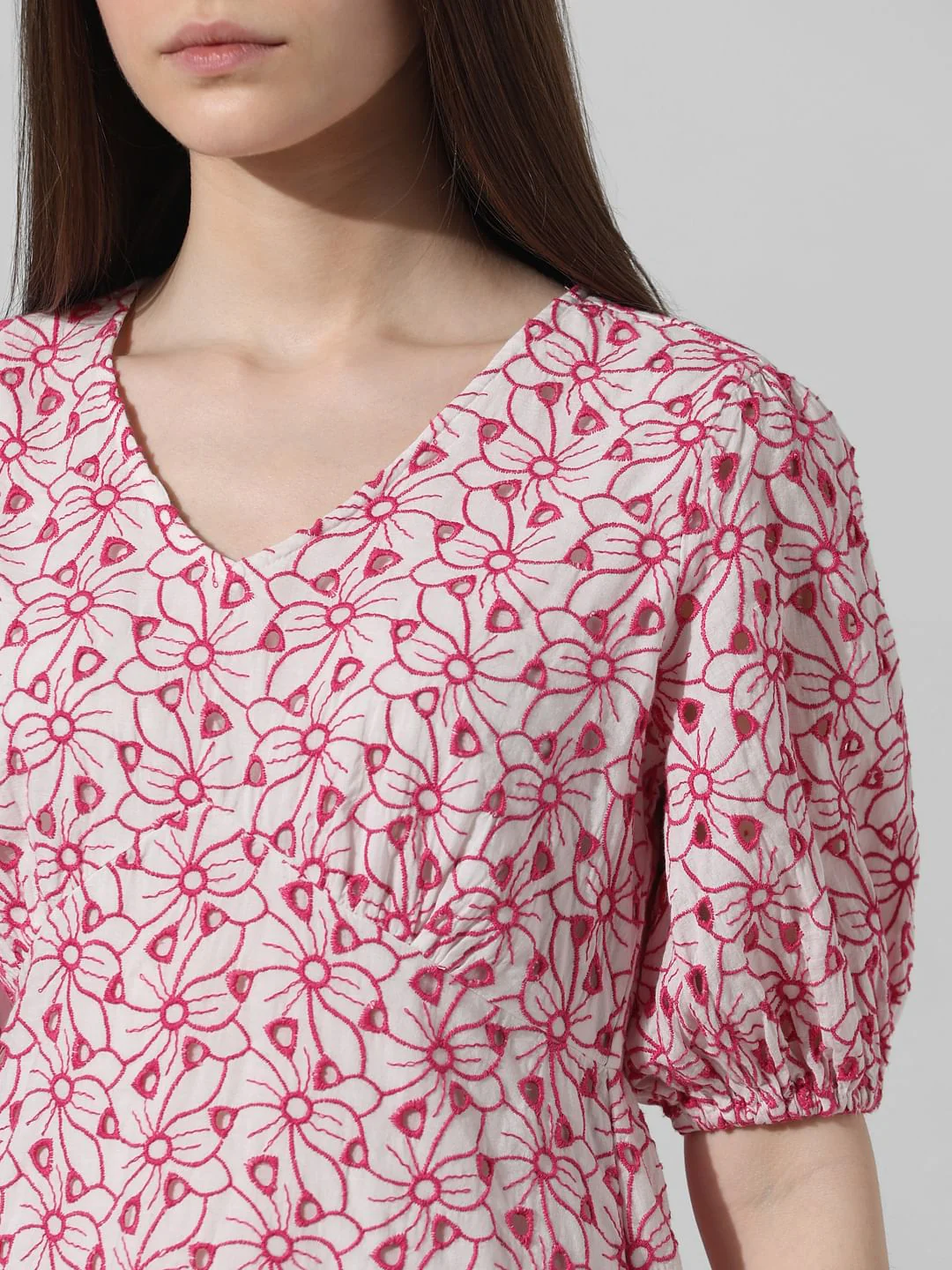 White & Pink Cut-Work Mini Dress - Image 5