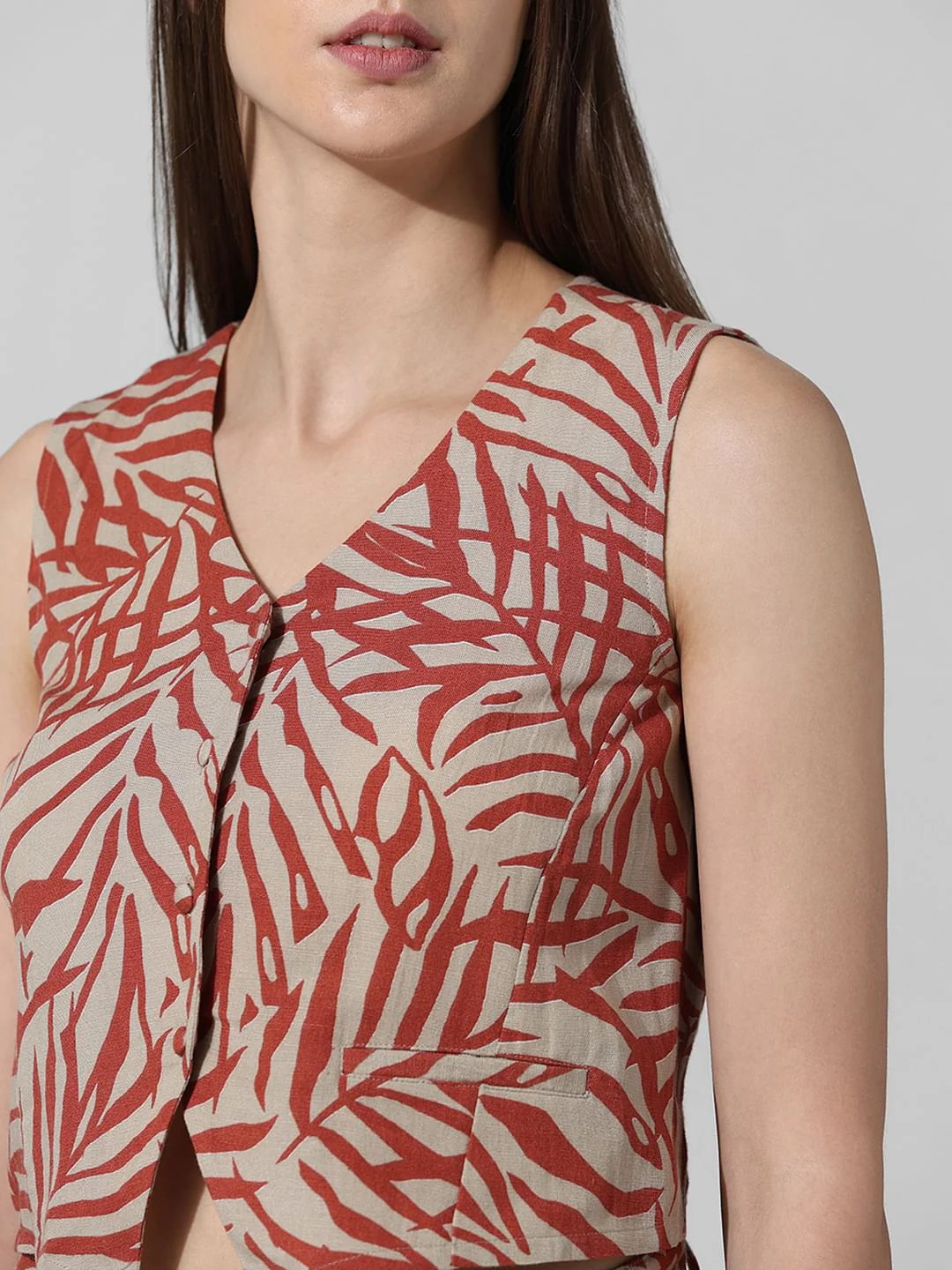 Beige Tropical Print Co-Ord Set Waistcoat - Image 4