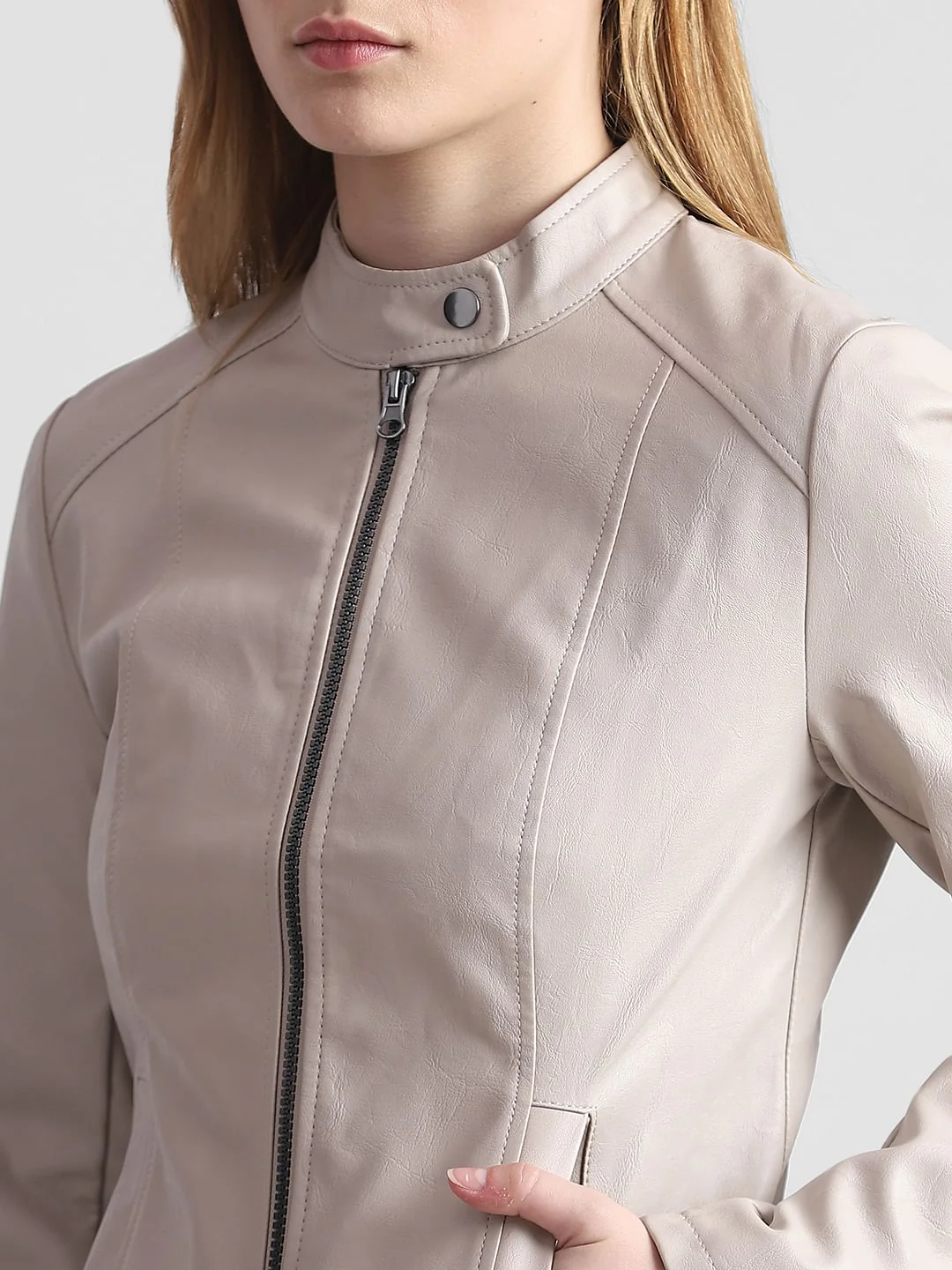 Beige Faux Leather Biker Jacket - Image 4