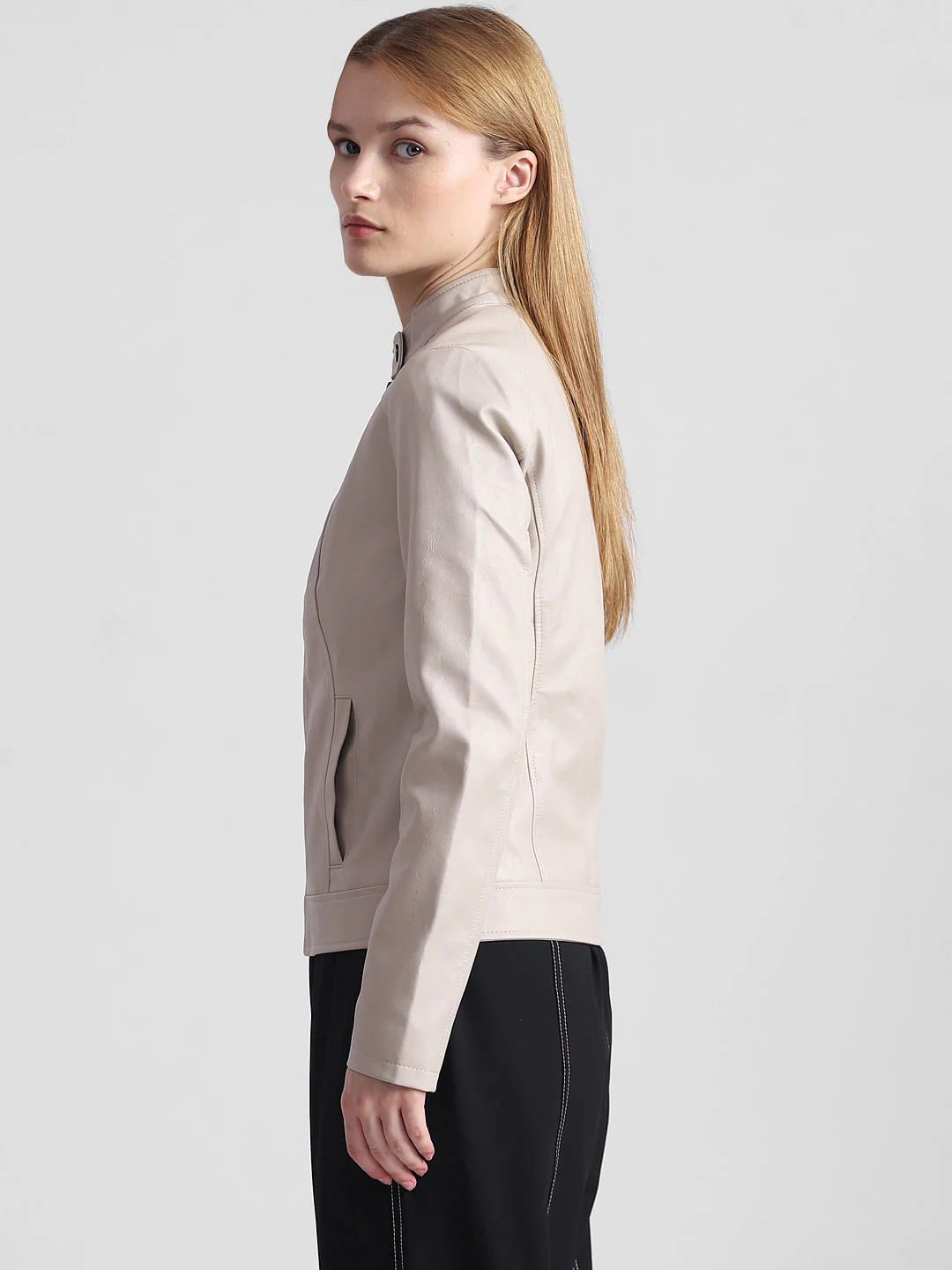 Beige Faux Leather Biker Jacket - Image 5