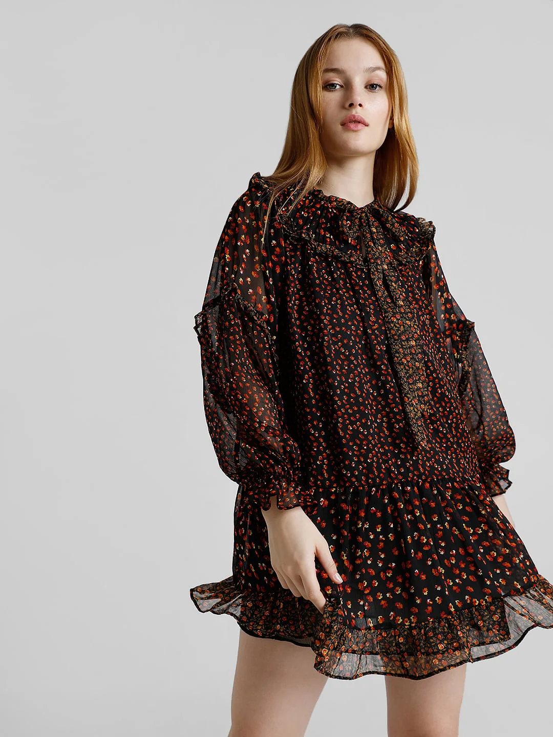 Black Floral Print Shift Dress
