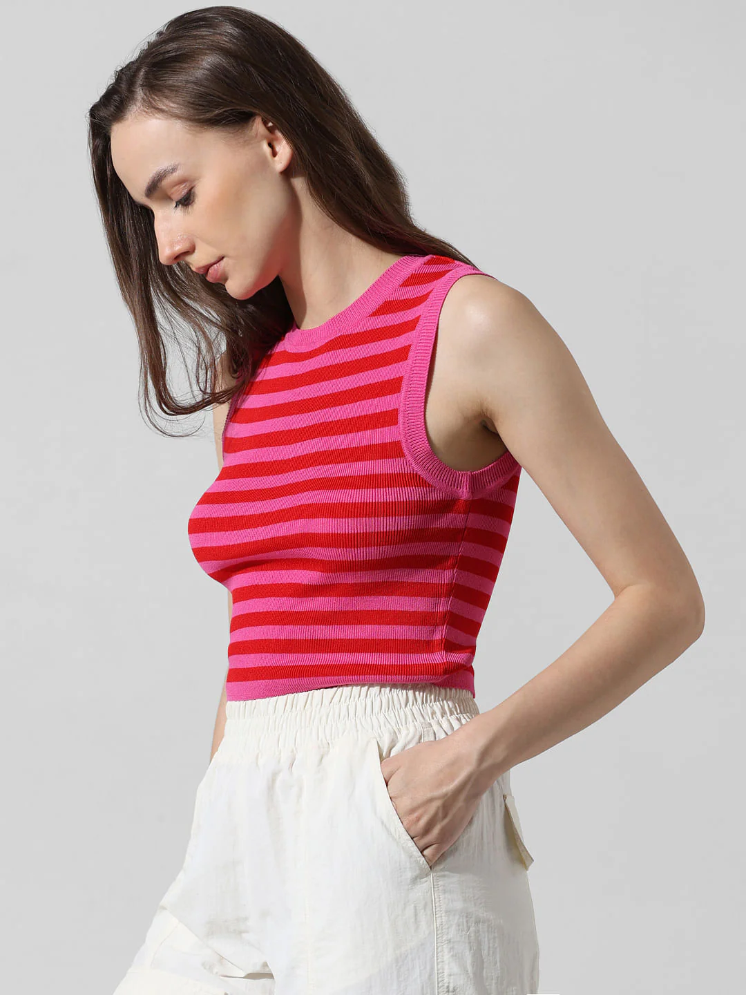 Pink Striped Cropped Vest Top - Image 5
