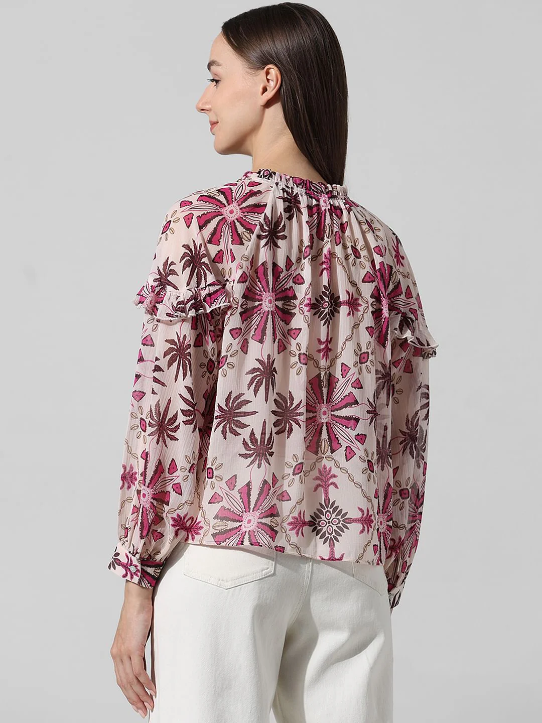 Beige Printed Frill-Trim Top - Image 6