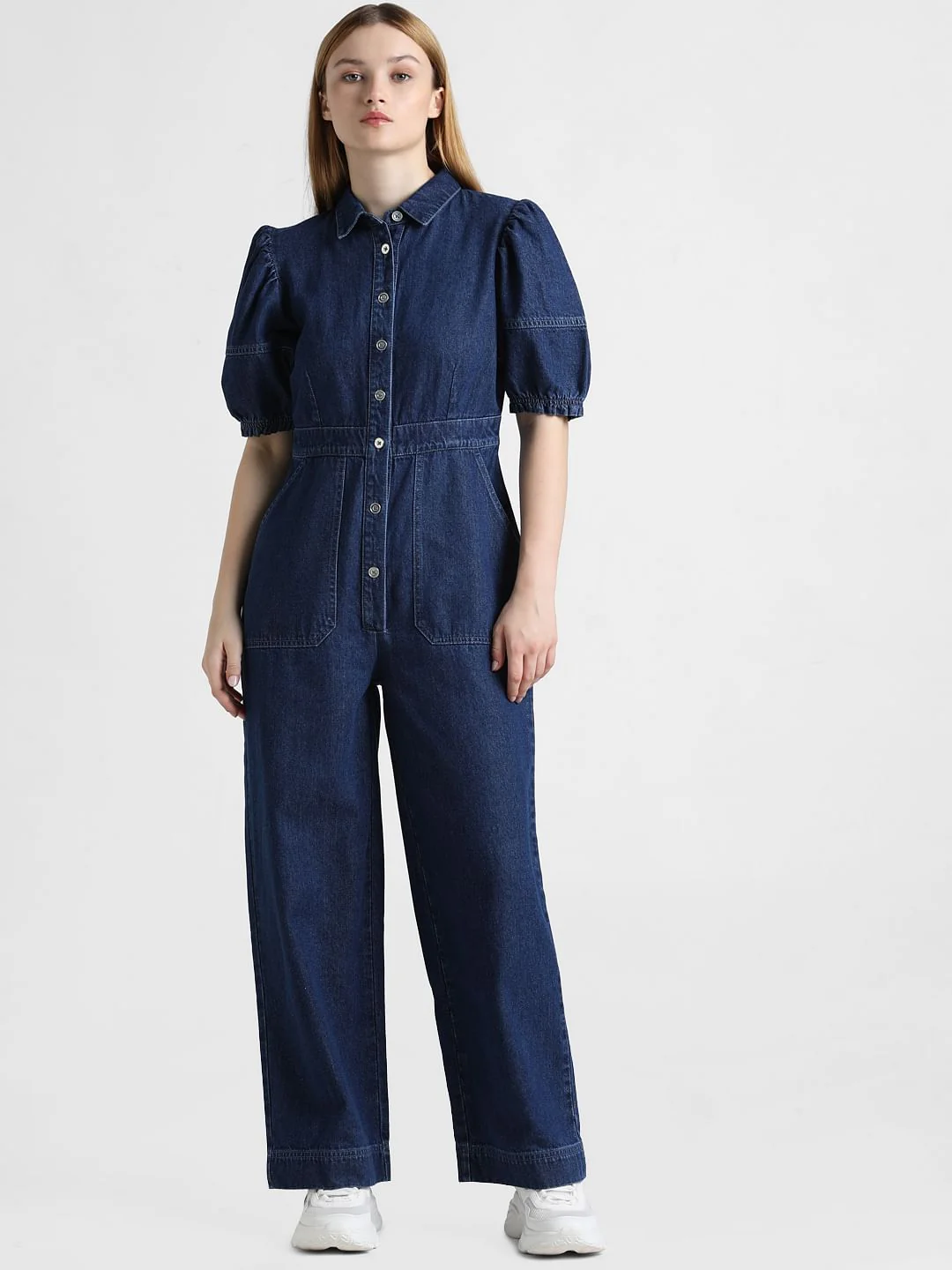 Blue Puff Sleeves Denim Jumpsuit - Image 3