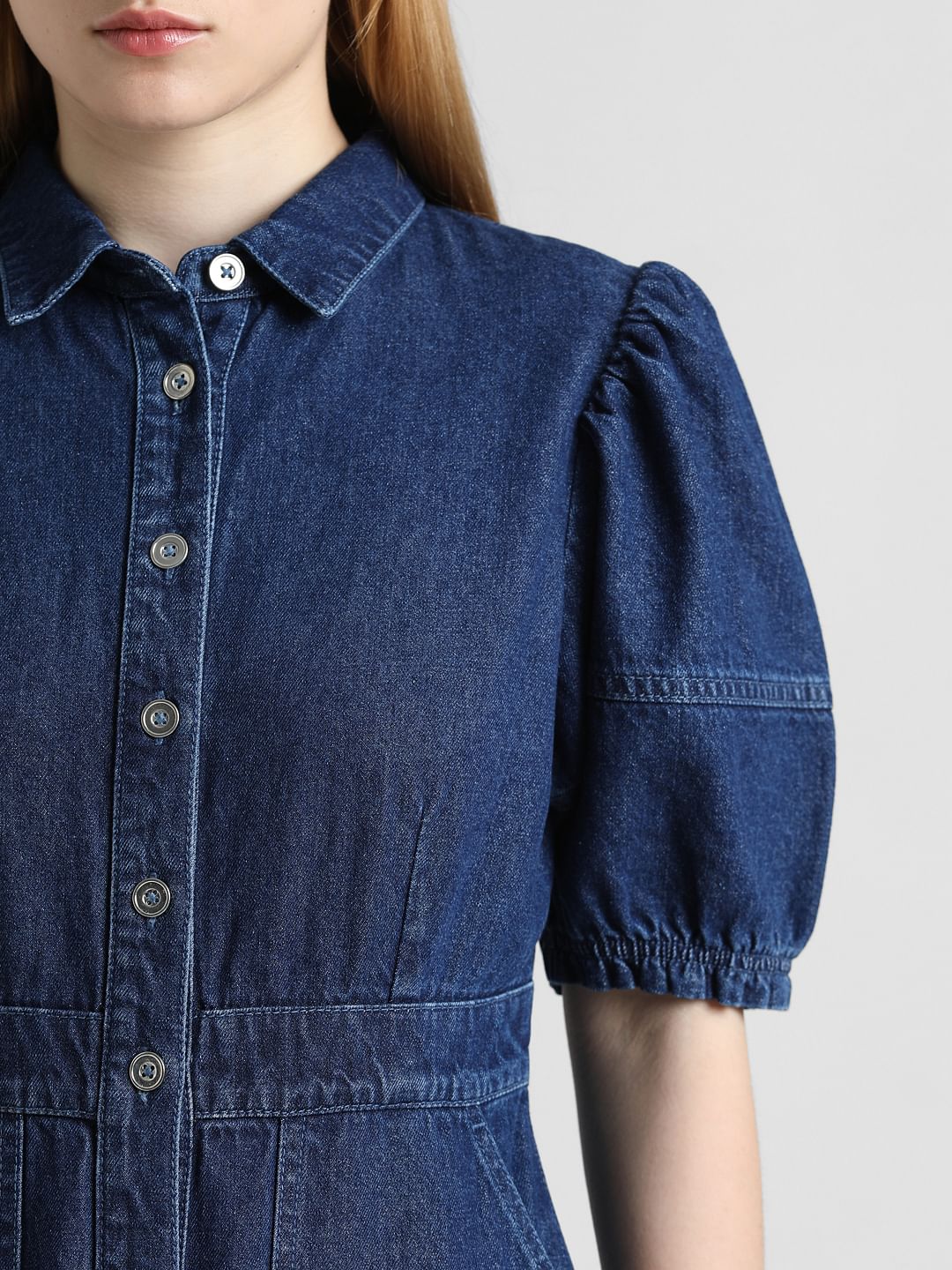 Blue Puff Sleeves Denim Jumpsuit - Image 4