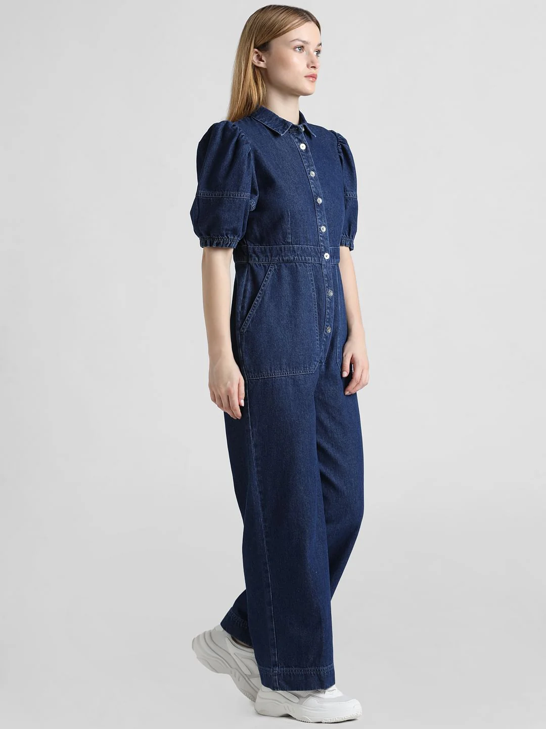 Blue Puff Sleeves Denim Jumpsuit - Image 5