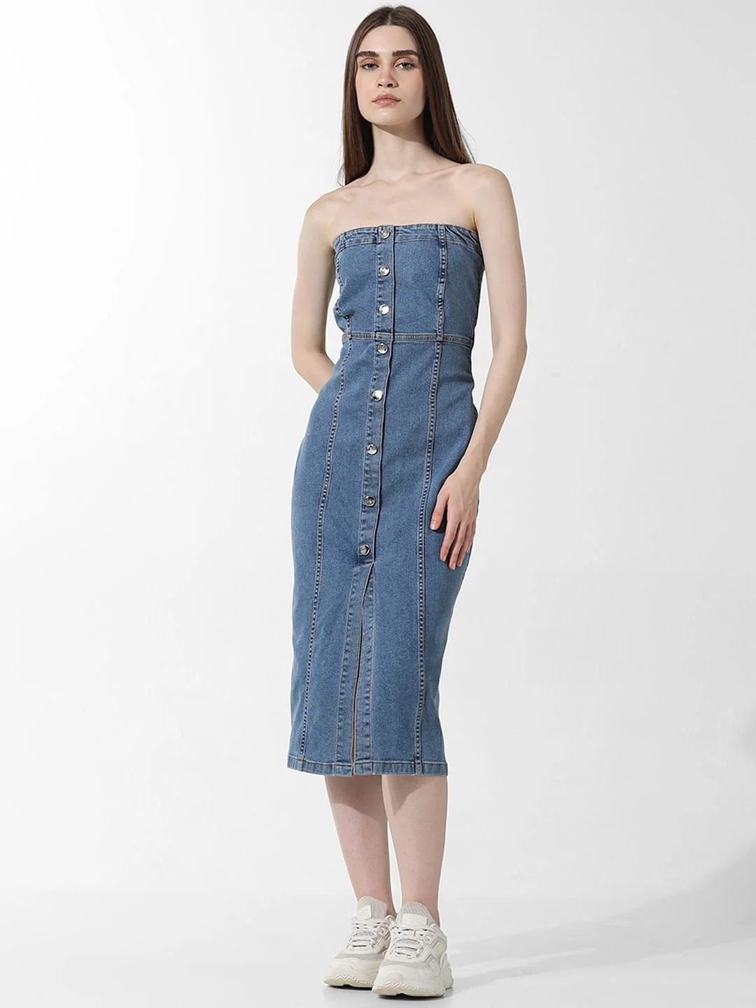 Blue Off-Shoulder Denim Dress - Image 2