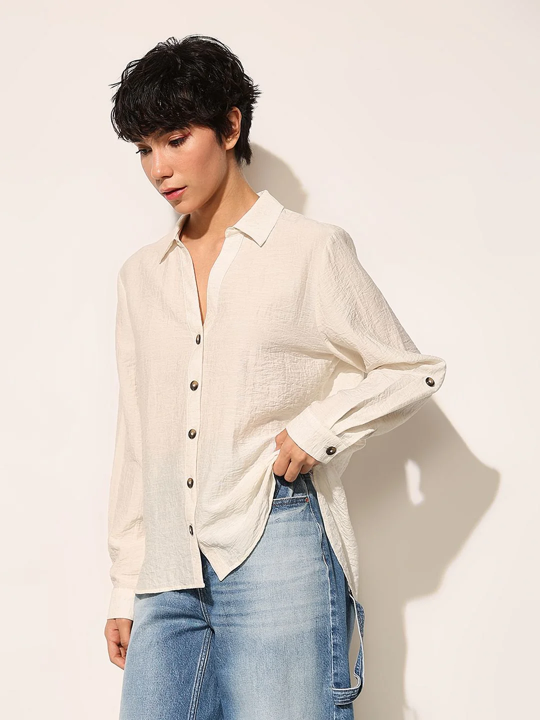 White Linen Blend Fold Up Shirt - Image 5