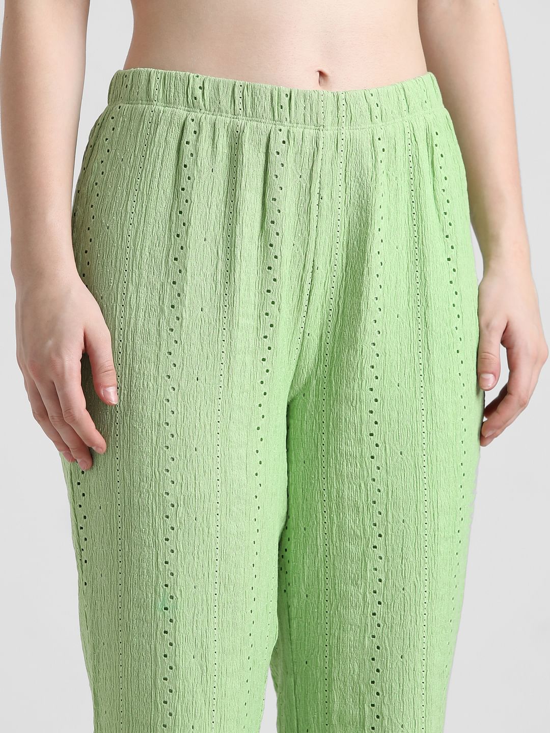 Green High Rise Crinkled Pointelle Pants - Image 3