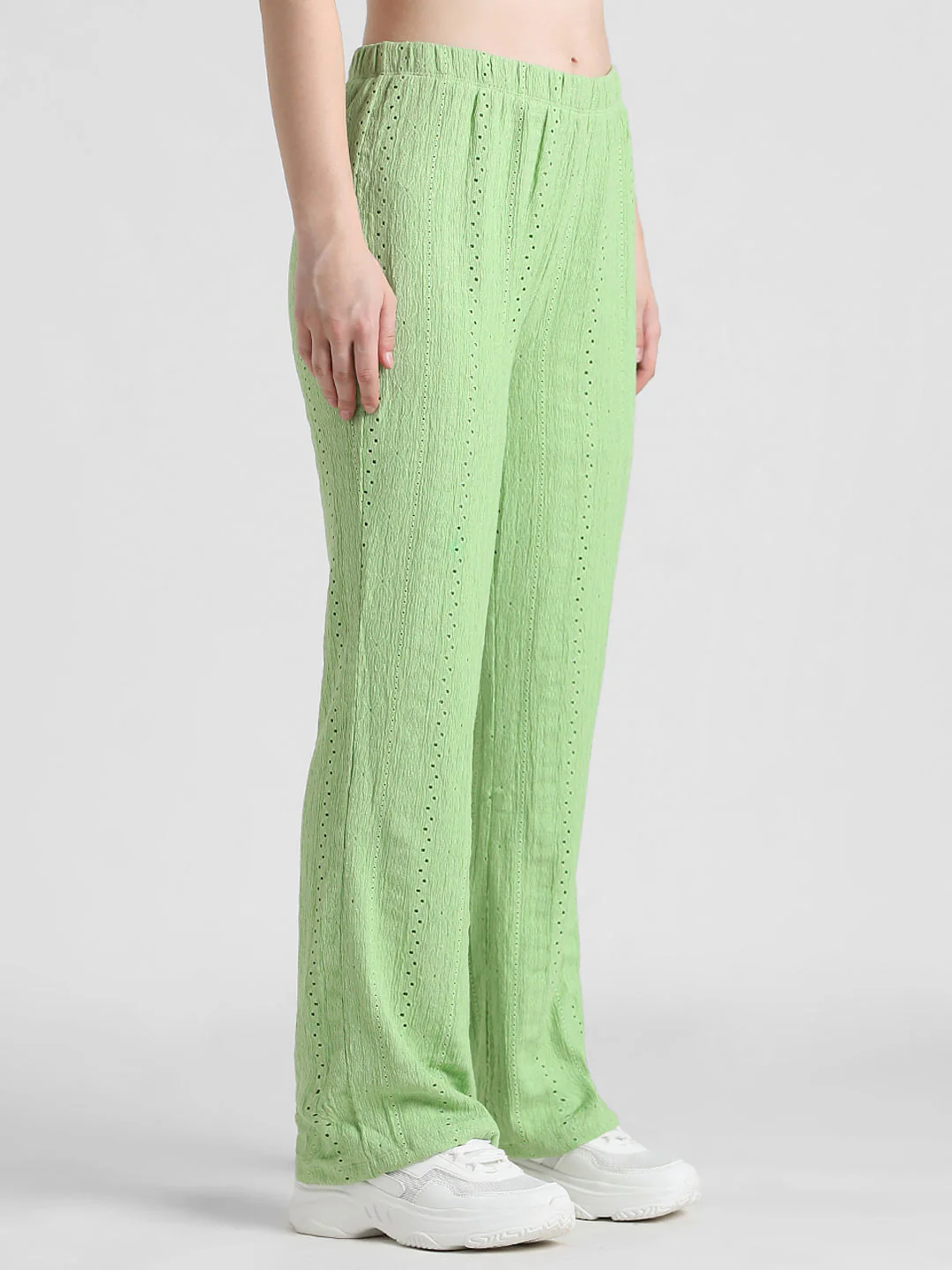 Green High Rise Crinkled Pointelle Pants - Image 4